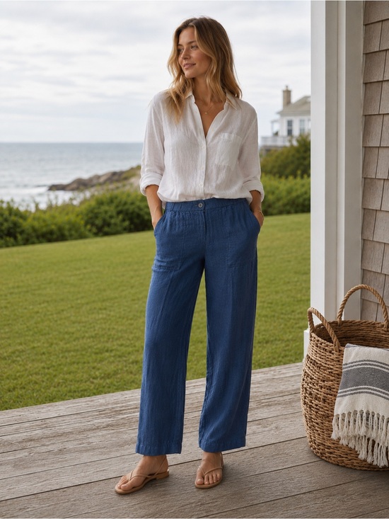 Eileen Fisher Pants - Eileen Fisher Organic Linen Straight Leg Blue Pants Size Large Petite Lagenlook